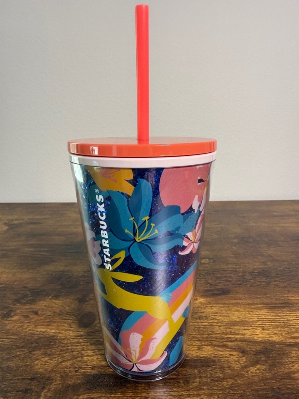 NWT Starbucks Coral-Lid Floral Rainbow Travel Tumbler, 14 Oz